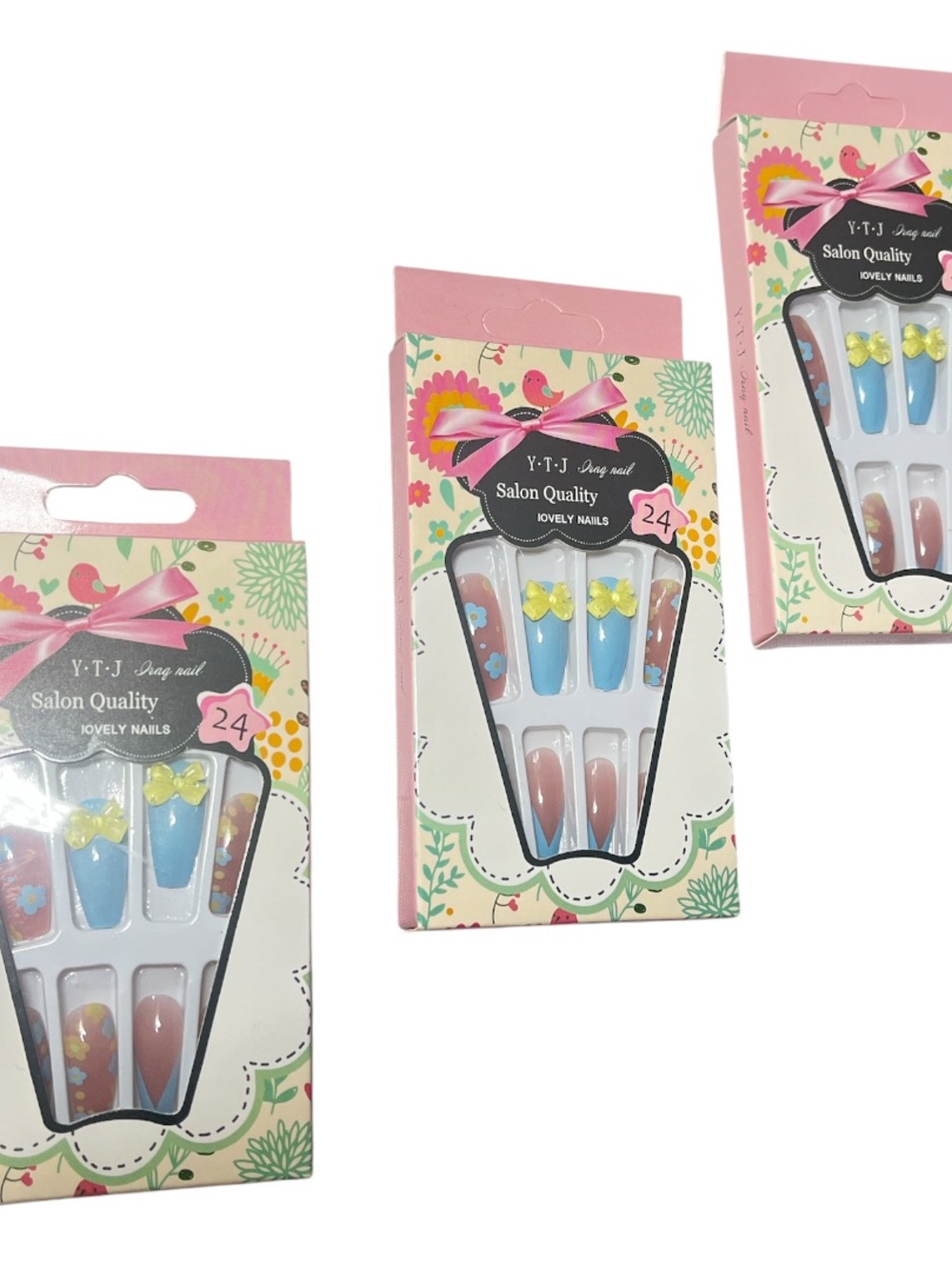 New Pink and Blue Floral False Nail Set - Salon Quality